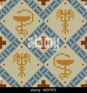 En laine Tricoté avec motif médical le Bol d'Hygieia caducée ailé et dans des couleurs vives Illustration de Vecteur