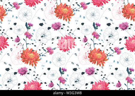 Art floral pattern transparente. Rose et orange purple asters, barbeaux, rose mallow. Jardin des fleurs sur fond blanc. Banque D'Images