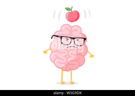 Caricature intelligente du cerveau humain avec des lunettes et des fruits de pomme tombant de l'aube à la tête concept d'idée de découverte scientifique. Illustration vectorielle plate amusante Illustration de Vecteur