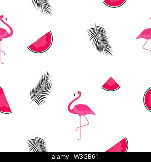 Motif de fond transparente des pastèques, Flamingo et feuille de palmier. Vector Illustration Illustration de Vecteur