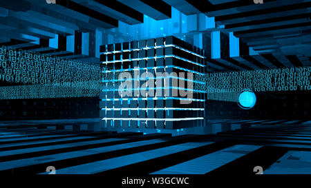 Noyau formé par ordinateur allumé en cubes avec lumière bleue à l'intérieur d'une structure métallique recevant les lignes d'informations binaires qui sortent des câbles sur sid 4 Banque D'Images
