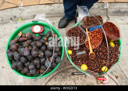 Femme vendant des collations locales : les noix, les figues et les sauterelles comestibles (chapulines de diverses saveurs) à partir d'un seau. Près de Cholula, Puebla, Mexique. Jun 2019 Banque D'Images