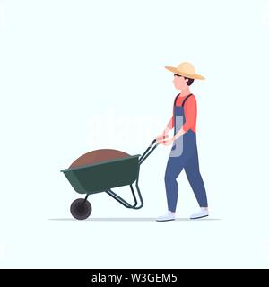 Man pushing wheelbarrow jardinier chargé avec l'agriculteur travaillant dans l'agriculture jardin pleine longueur concept de jardinage Illustration de Vecteur