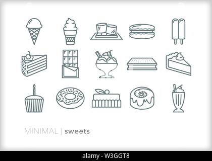 Ensemble de 15 desserts sucrés ou traiter les icônes de ligne de l'alimentation Illustration de Vecteur