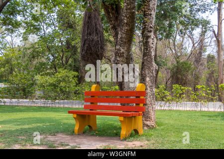 Sol en bois peints en rouge et jaune en banc de jardin parc sous l'arbre de l'ombre. Banque D'Images