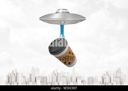 Le rendu 3D de gris-OVNI volant au-dessus de la ville moderne, la tasse de café faisant pendre sur collant bleu ci-dessous slime OVNI. Banque D'Images