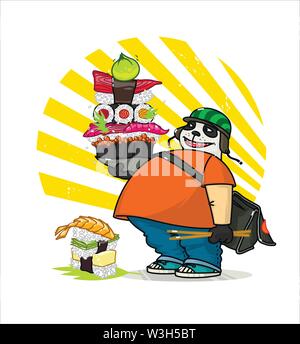 Un cute cartoon panda offre la cuisine asiatique. Illustration d'un service de messagerie offrant panda sushi, rouleaux. Le personnage est isolé sur un fond blanc. Illustration de Vecteur