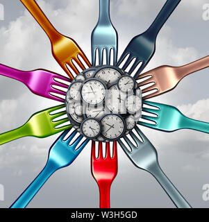 Le temps de l'alimentation et le temps de manger concept cuisine comme un groupe de fourches holding d'un groupe d'objets comme une horloge 3D illustration. Banque D'Images