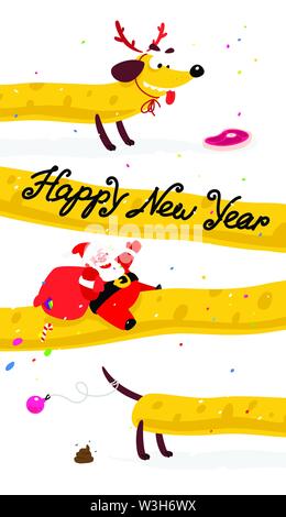 Beau Père Noël sur un chien jaune. Noël et Nouvel An chinois. Vector illustration isolé sur fond blanc. Convient pour l'impression et l'on Illustration de Vecteur