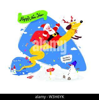Beau Père Noël sur un chien jaune. Noël et Nouvel An chinois. Vector illustration isolé sur fond blanc. Convient pour l'impression et l'on Illustration de Vecteur