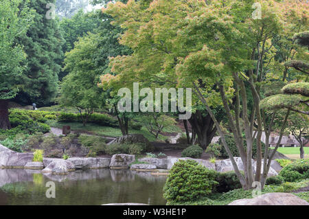 Jardin japonais de Hambourg avec des réflexions et les pierres du lac Banque D'Images