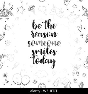 Les licornes et vecteur mignon doodle motif arc-en-ciel transparent. Et de motivation inspirational quote être la raison quelqu'un smlies aujourd'hui. L'encre avec Illustration de Vecteur