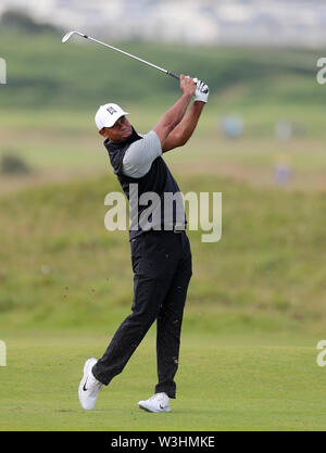 USA's Tiger Woods sur la 15e au cours de l'aperçu la troisième journée de l'Open Championship 2019 au Club de golf Royal Portrush. Banque D'Images