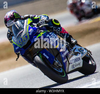 Monterey, CA, USA. Le 13 juillet, 2019. #  95 Un JD Beach entrée en virage 4 lors de la course SuperBike 2 MotoAmerica à Weathertech Raceway Laguna Seca Monterey, CA Thurman James/CSM/Alamy Live News Banque D'Images