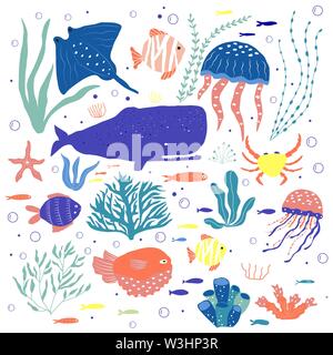 Créatures sous le poulpe, baleine, poissons, méduses, crabe, poissons clowns, seaplants et les coraux, ensemble avec les animaux marins pour le tissu, textile, papier peint, n Illustration de Vecteur
