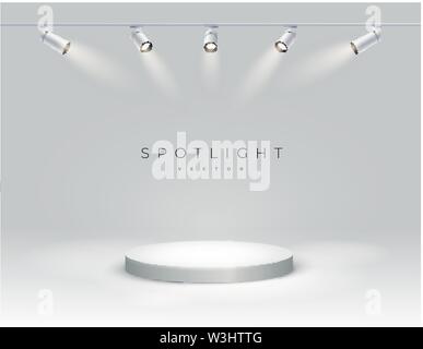 Cinq spots modernes briller sur le podium, spot, stade. vide. à un angle des projecteurs sur place. Podium ronde ou plate-forme, socle allumé Illustration de Vecteur