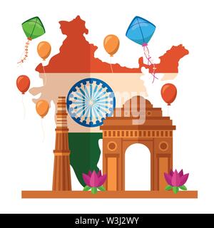 Plan avec drapeau indien et Gate Building Independence Day Illustration de Vecteur