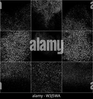 Ensemble de texture granuleuse blanc isolé sur fond noir. Incrustation de poussières de texture. Les particules de bruit. Effets de neige Pack. Généré numériquement l'image. Vector Illustration de Vecteur