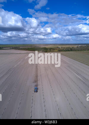 De l'antenne un tracteur labourent le sol autour d'un arbre nouvellement planté de macadamia plantation près de Childers Queensland Australie Banque D'Images