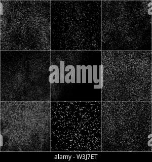 Ensemble de texture granuleuse blanc isolé sur fond noir. Incrustation de poussières de texture. Les particules de bruit. Effets de neige Pack. Généré numériquement l'image. Vector Illustration de Vecteur