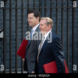 Downing Street, London, UK. 16 juillet, 2019. James Brokenshire, Secrétaire d'État chargé du logement, des communautés et du Gouvernement Local arrive à Downing Street avec Liam Fox, Secrétaire d'État chargé du Commerce international, pour réunion hebdomadaire du cabinet. Credit : Malcolm Park/Alamy Live News. Banque D'Images