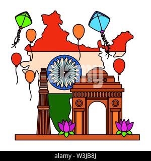 Plan avec drapeau indien et Gate Building Independence Day Illustration de Vecteur