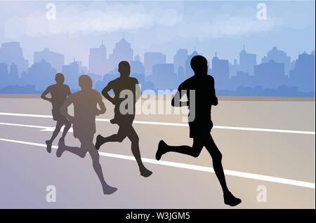 Groupe de marathoniens silhouettes sur fond abstrait city - vector Illustration de Vecteur