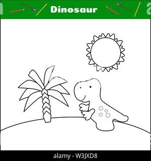 Colorer avec dino. Imprimer cette page. Dinosaure, palmier et soleil. Une simple feuille de calcul pour les enfants d'âge préscolaire. Tyrannosaurus personnage. Funny animal préhistorique. vector illustration. Les jeux de cartes. Loisirs pour les enfants Illustration de Vecteur