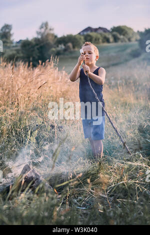 Petit garçon le rôtissage de la guimauve sur un feu de camp sur une prairie. Les gens sincères, vrais moments, situations authentiques Banque D'Images