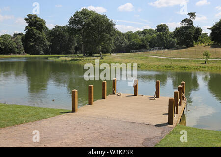 Le nouveau lac de baignade sauvage dans les motifs de Beckenham Place Park, London, UK, montré la semaine avant son ouverture le 20 juillet 2019 Banque D'Images