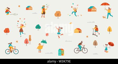 Automne, automne scène avec diverses personnes mignonnes, les familles et les enfants s'amuser, jouer avec les feuilles d'automne et de sauter avec un parapluie. Foule de minuscules Illustration de Vecteur
