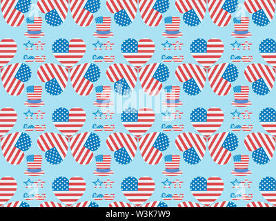 Motif de fond transparent avec moustache, lunettes, chapeaux et coeurs faits de drapeaux américains sur bleu Banque D'Images