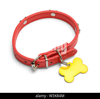 Collier de chien rouge avec de l'or Dog Tag isolé sur blanc. Banque D'Images