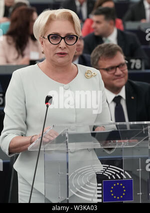 16 juillet 2019, la France (France), Straßburg : Viorica Dancila, Premier Ministre de la Roumanie, s'adresse aux membres du Parlement européen. Photo : Michael Kappeler/dpa Banque D'Images