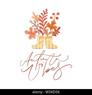 Texte lettrage calligraphie Automne Vibes. contexte illustration avec des feuilles jaunes et des bottes en caoutchouc Illustration de Vecteur
