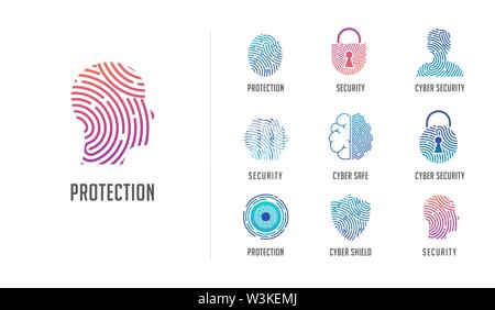 Logo des empreintes digitales, de la protection des renseignements personnels, la cybersécurité, les renseignements sur l'identité et la protection du réseau. Personne tête, cerveau, cloud et icônes de verrouillage. Icône vecteur col Illustration de Vecteur