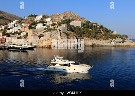 Vue panoramique du port de Hydra, la Ville d''Hydra, l'île d'Hydra, Grèce Banque D'Images