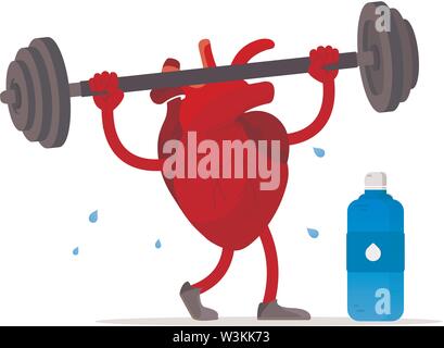 Remise en forme sport concept conception des droits de l'organe cardiaque faisant des exercices avec haltère isolé sur fond blanc. Une bouteille d'eau à côté de l'un de médecine Illustration de Vecteur