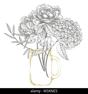 Bouquet. Les fleurs du printemps et de brindilles. Les Pivoines, Hortensia, Rose. Vintage illustration botanique. Le noir et blanc ensemble d'encombrement barbeaux, floral elemen Banque D'Images