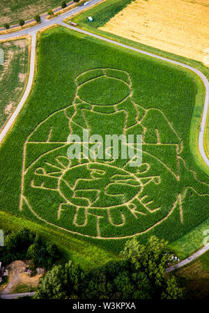 Vue aérienne de l'avenir VENDREDI POUR emblème avec l'activiste climatique Greta Thunberg comme un labyrinthe de maïs sur un champ de Cappenberg, Selm, Ruhr, North Rhi Banque D'Images