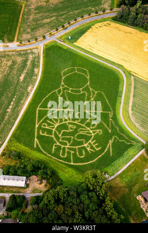 Vue aérienne de l'avenir VENDREDI POUR emblème avec l'activiste climatique Greta Thunberg comme un labyrinthe de maïs sur un champ de Cappenberg, Selm, Ruhr, North Rhi Banque D'Images