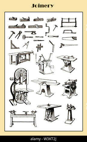 Vintage table avec équipements et outils pour la menuiserie bois Banque D'Images