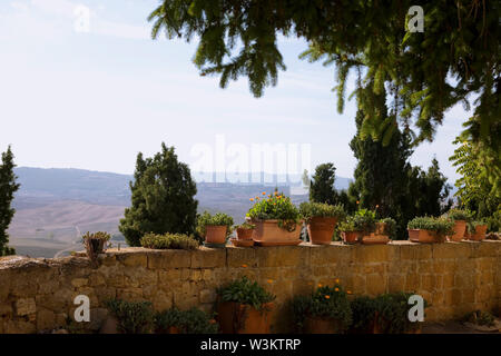 Vue sur le Val d'Orcia vers Monte Amiata Via de Gozzante, Pienza, Toscane, Italie : plantes en pot ornent le mur au premier plan Banque D'Images