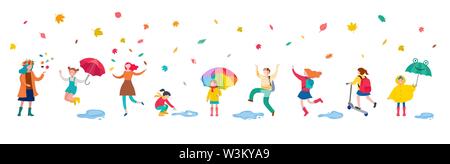 Automne, automne scène avec diverses personnes mignonnes, les familles et les enfants s'amuser, jouer avec les feuilles d'automne et de sauter avec un parapluie. Foule de minuscules Illustration de Vecteur