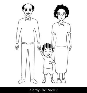 Les parents de famille et enfants dessins animés en noir et blanc Illustration de Vecteur