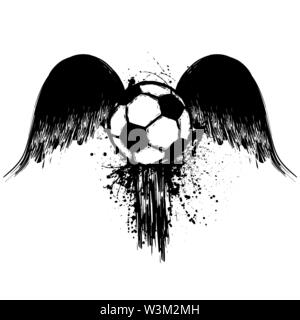 Grunge Black bird silhouettes ailes avec de l'encre splash et ballon de soccer isolé sur fond blanc Illustration de Vecteur