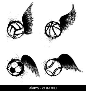 Grunge Black ball sport silhouettes avec des ailes isolé sur fond blanc Illustration de Vecteur