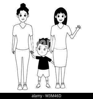 Les parents de famille et enfants dessins animés en noir et blanc Illustration de Vecteur