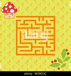 Abstract square simple labyrinthe isolés. orange sur fond jaune. Un jeu intéressant pour les enfants. Trouver la voie de la caricature de champignons Illustration de Vecteur