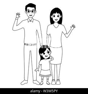 Les parents de famille et enfants dessins animés en noir et blanc Illustration de Vecteur